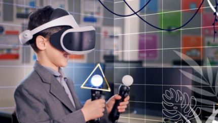Brand Video. a student playing with VR controllers and wearing VR headset.