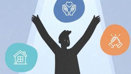 Animated video. An illustration of a person raising their hands with icons around them.